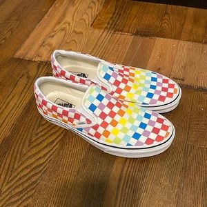 Rainbow checkered vans slip-ons